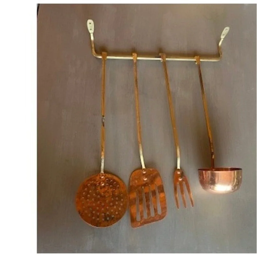 Vintage Copper Brass Kitchen Utensil Set 5pc Korea Patina Rustic Wall Rack